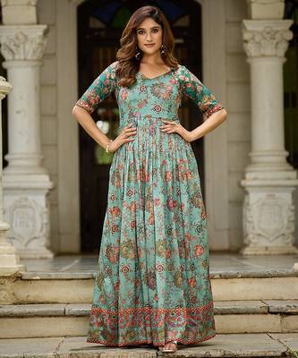 Women floral printed fit & flare ethnic gown with v-neck 2