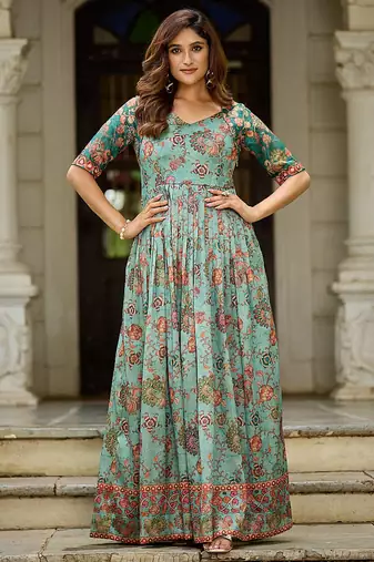 Women floral printed fit & flare ethnic gown with v-neck