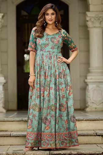 Women floral printed fit & flare ethnic gown with v-neck
