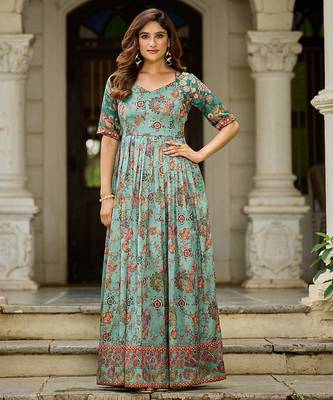 Women floral printed fit & flare ethnic gown with v-neck 4
