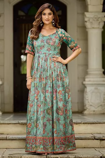 Women floral printed fit & flare ethnic gown with v-neck