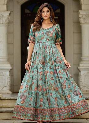 Women floral printed fit & flare ethnic gown with v-neck 5