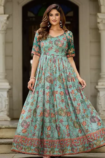 Women floral printed fit & flare ethnic gown with v-neck