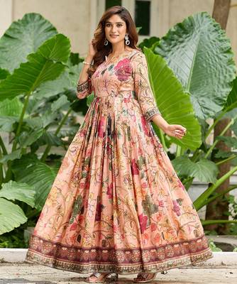 Womens peach floral printed fit & flare ethnic gown 1