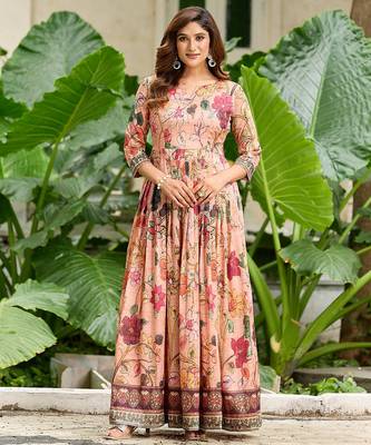 Womens peach floral printed fit & flare ethnic gown 2
