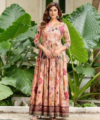 Womens peach floral printed fit & flare ethnic gown 4