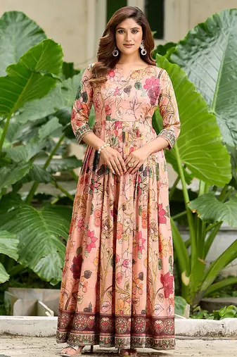Womens peach floral printed fit & flare ethnic gown