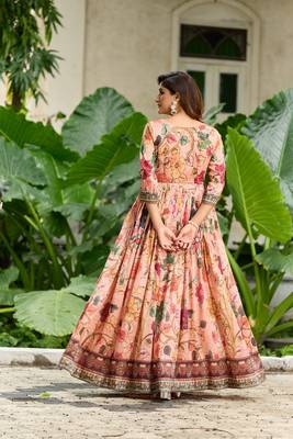 Womens peach floral printed fit & flare ethnic gown 5