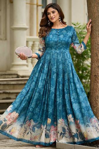 Women teal floral printed fit & flare ethnic gown with round neck