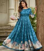 Women teal floral printed fit & flare ethnic gown with round neck