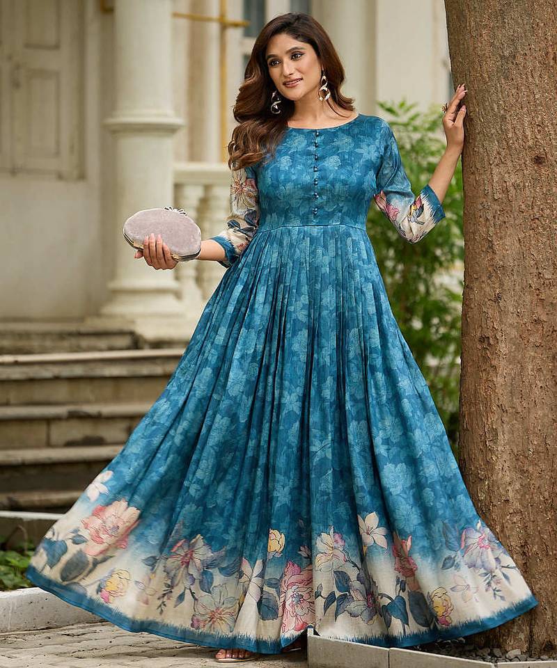 Women teal floral printed fit & flare ethnic gown with round neck