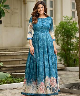 Women teal floral printed fit & flare ethnic gown with round neck 2