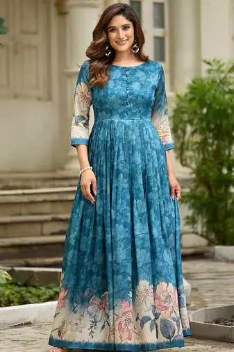 Women teal floral printed fit & flare ethnic gown with round neck