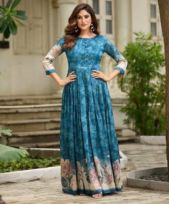 Women teal floral printed fit & flare ethnic gown with round neck 3