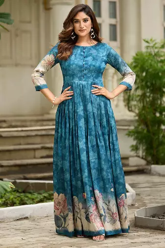 Women teal floral printed fit & flare ethnic gown with round neck