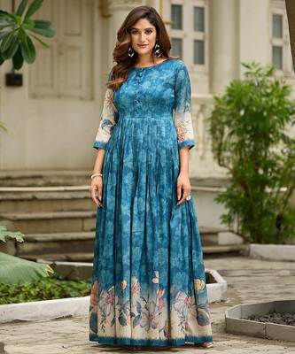 Women teal floral printed fit & flare ethnic gown with round neck 4