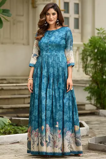 Women teal floral printed fit & flare ethnic gown with round neck