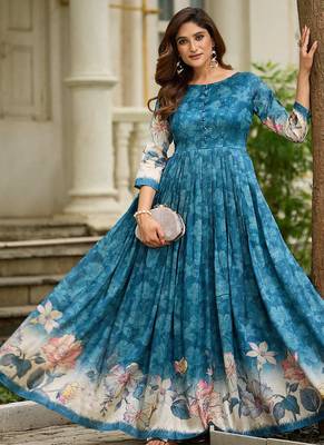Women teal floral printed fit & flare ethnic gown with round neck 5