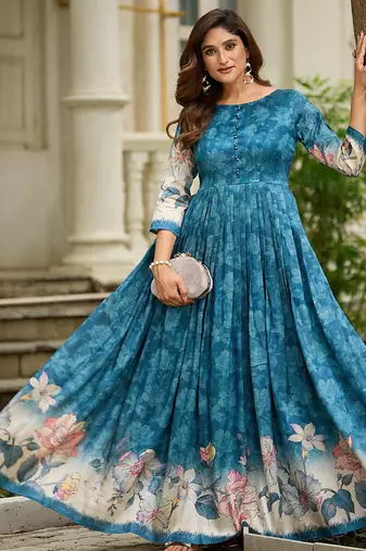 Women teal floral printed fit & flare ethnic gown with round neck