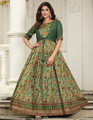 Ethnic green floral printed gown with attached jacket 1