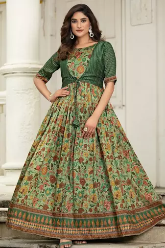 Ethnic green floral printed gown with attached jacket