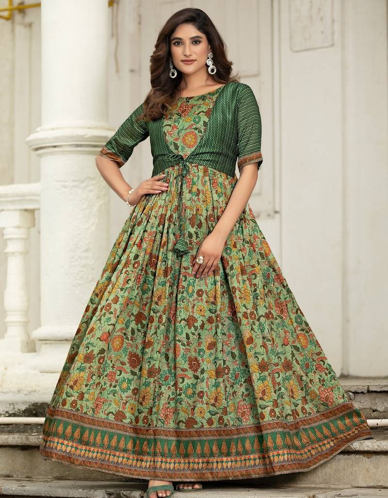 Ethnic green floral printed gown with attached jacket