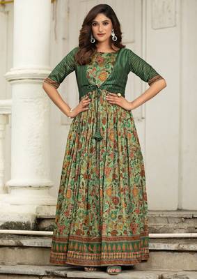Ethnic green floral printed gown with attached jacket 2