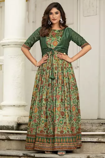Ethnic green floral printed gown with attached jacket