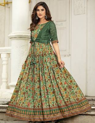 Ethnic green floral printed gown with attached jacket 3