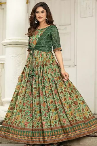 Ethnic green floral printed gown with attached jacket