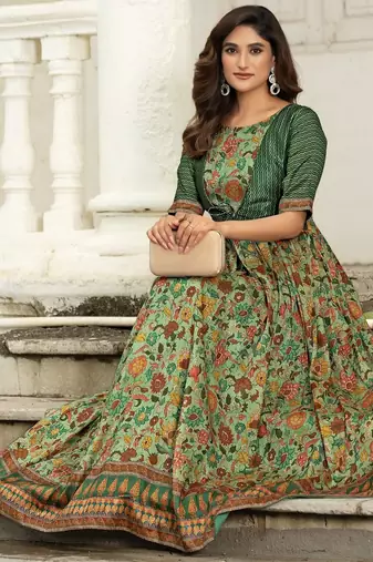 Ethnic green floral printed gown with attached jacket