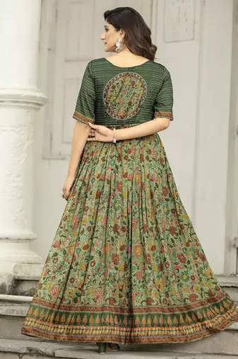 Ethnic green floral printed gown with attached jacket