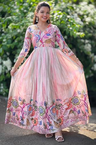 Baby pink floral print flared ethnic gown with scallop detail for women