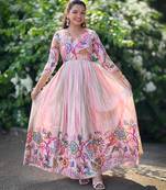 Baby pink floral print flared ethnic gown with scallop detail for women