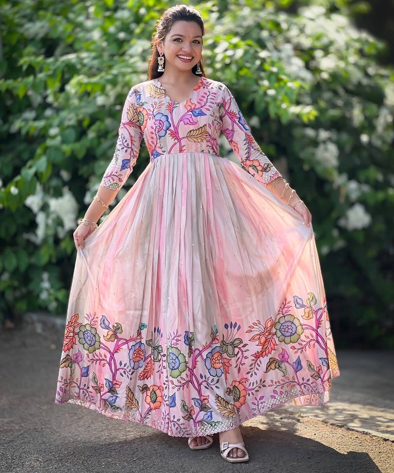 Baby pink floral print flared ethnic gown with scallop detail for women