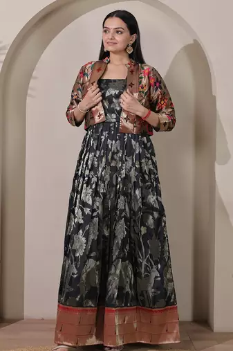 Womens black woven flared maxi gown with brocade jacket
