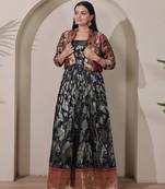 Womens black woven flared maxi gown with brocade jacket