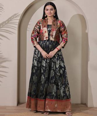 Womens black woven flared maxi gown with brocade jacket 2