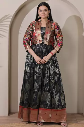 Womens black woven flared maxi gown with brocade jacket