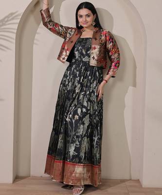 Womens black woven flared maxi gown with brocade jacket 3