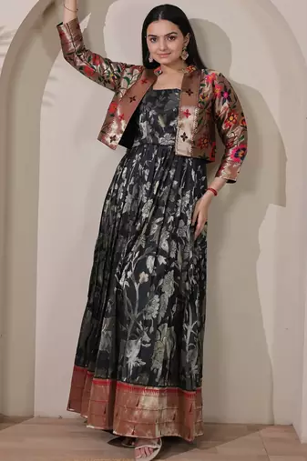 Womens black woven flared maxi gown with brocade jacket