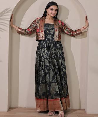 Womens black woven flared maxi gown with brocade jacket 4