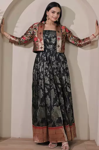Womens black woven flared maxi gown with brocade jacket