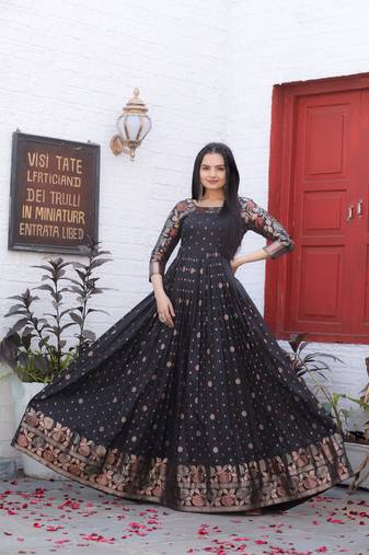 Traditional woven anarkali gown with floral border