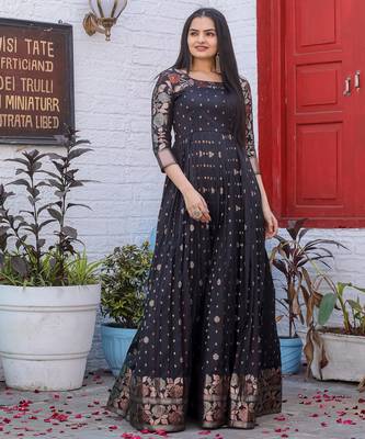 Traditional woven anarkali gown with floral border 3