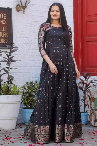 Traditional woven anarkali gown with floral border