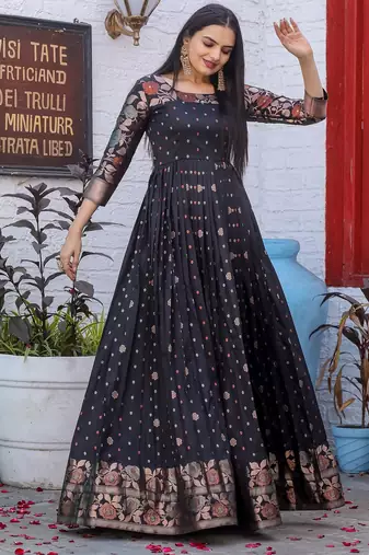 Traditional woven anarkali gown with floral border