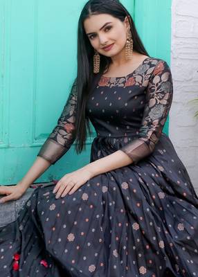 Traditional woven anarkali gown with floral border 5