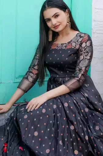 Traditional woven anarkali gown with floral border