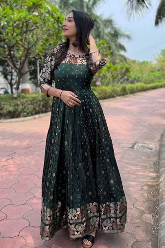 Traditional woven anarkali gown with floral border